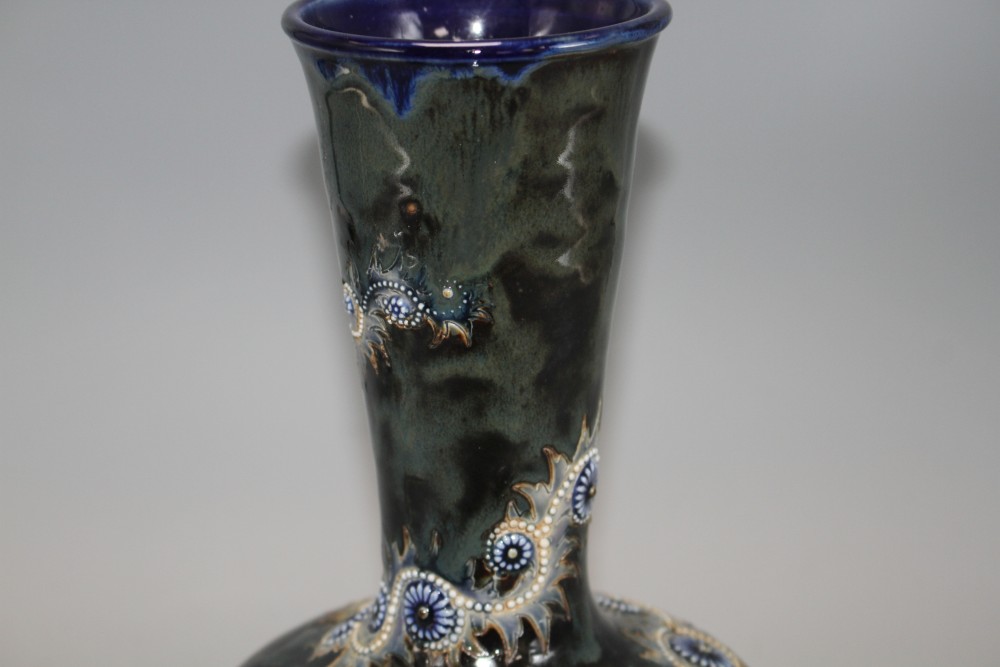 George Tinworth for Doulton Lambeth, a Persian shape bottle vase, dated 1880,